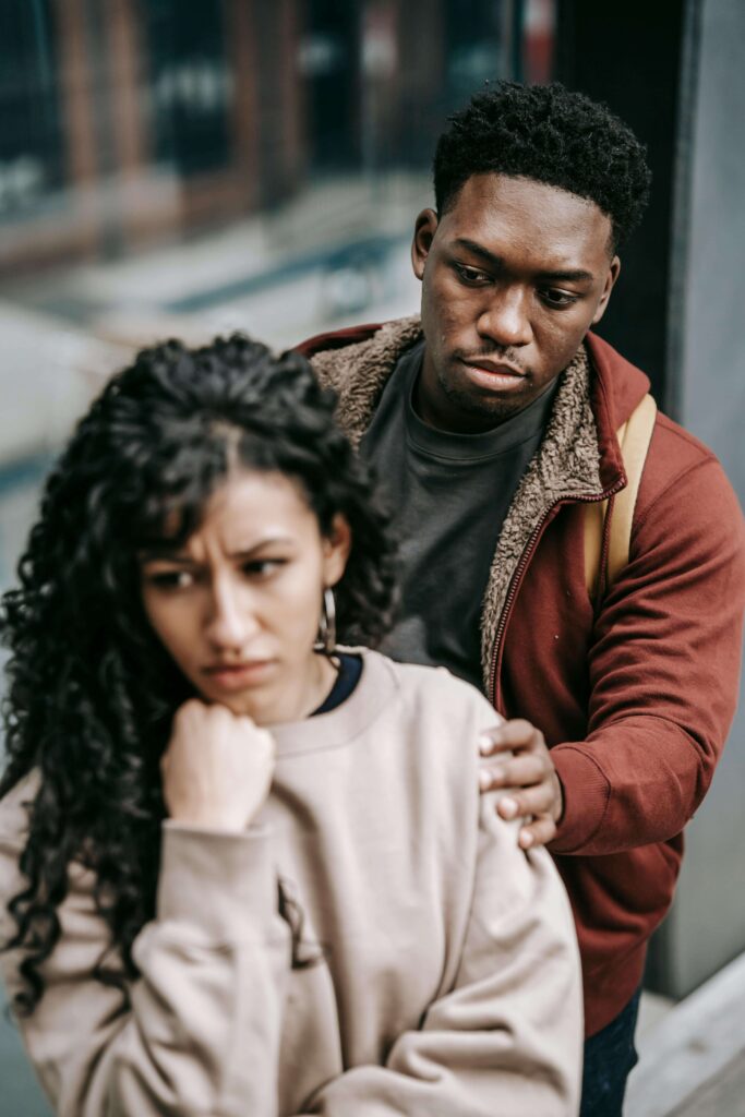 A couple is having a disagreement while looking upset. EFT couples therapy in Hermosa Beach, CA, can guide you and your partner through disagreements and turmoil. Reach out to a multicultural couple therapist in California today to try emotionally focused therapy for couples.